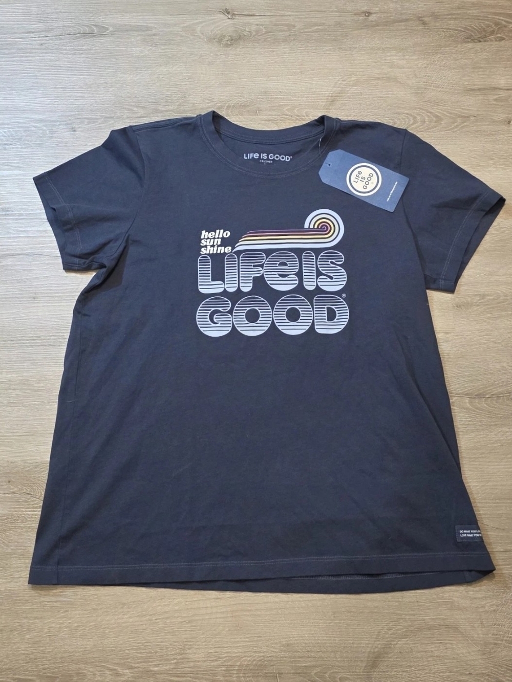Life Is Good Women’s Tee Shirt Medium Hello Sunshine Graphic Crusher T Blue New